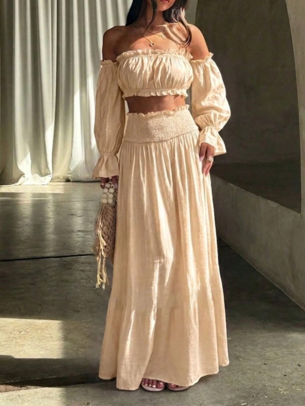 Cream Off-Shoulder Crop Top & Smocked Maxi Skirt Set